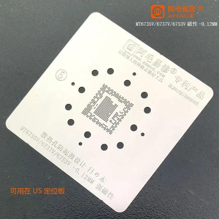 Amaoe BGA reballing stencil template for MTK CPU and RAM, used for phone repair and reballing processes.