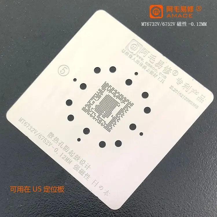 Amaoe BGA reballing stencil template for MTK CPU and RAM, used for phone repair and reballing processes.