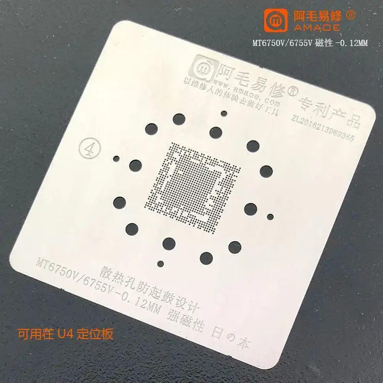 Amaoe BGA reballing stencil template for MTK CPU and RAM, used for phone repair and reballing tasks.
