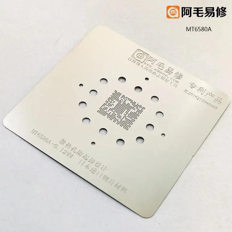 Amaoe BGA reballing stencil template for MTK CPU and RAM, used for phone repair and reballing processes.