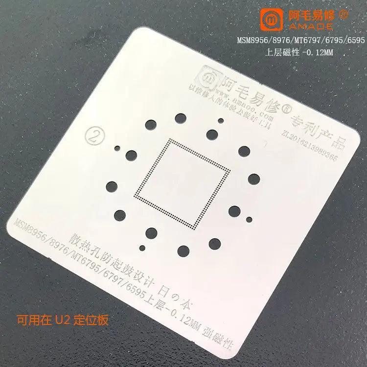 Amaoe BGA reballing stencil template for MTK CPU and RAM, used for reballing mobile phone circuit boards.