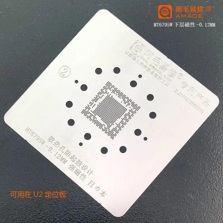 Amaoe BGA reballing stencil template for MTK CPU and RAM repair by PHONEFIX, showing detailed metal mesh design for precise reballing.