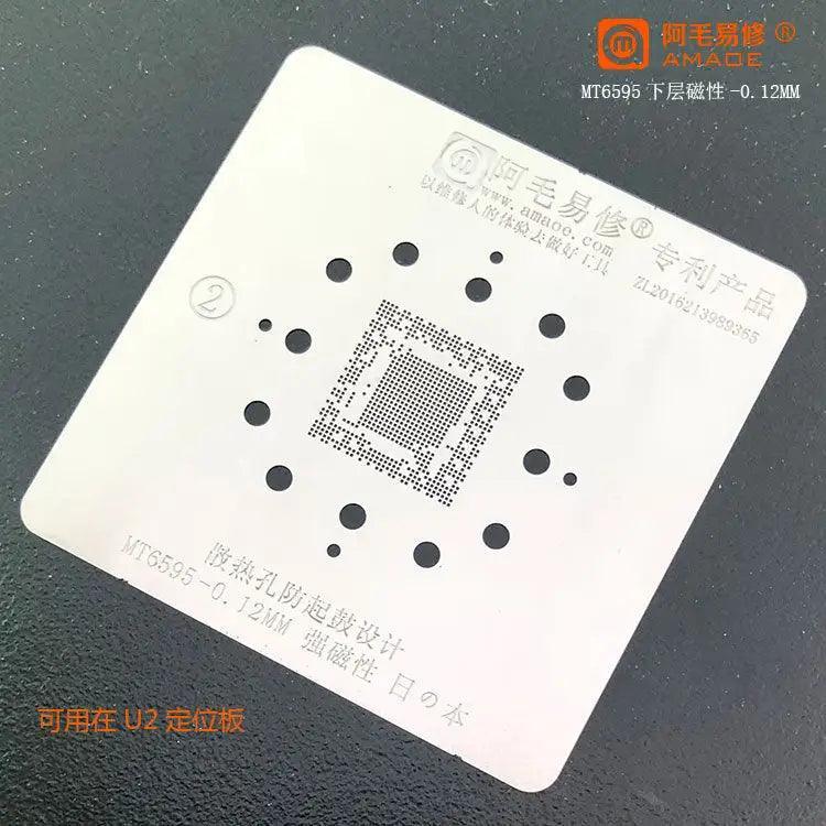 Amaoe BGA reballing stencil template for MTK CPU and RAM, PHONEFIX brand, used for precise reballing and repair of mobile device components.