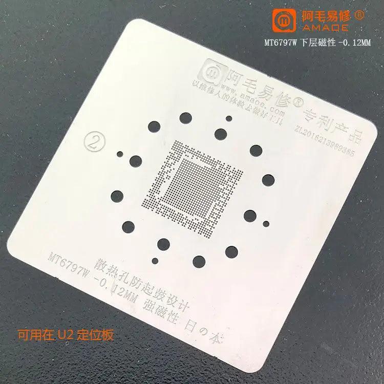 Amaoe BGA reballing stencil template for MTK CPU and RAM, used for phone repair and reballing processes.