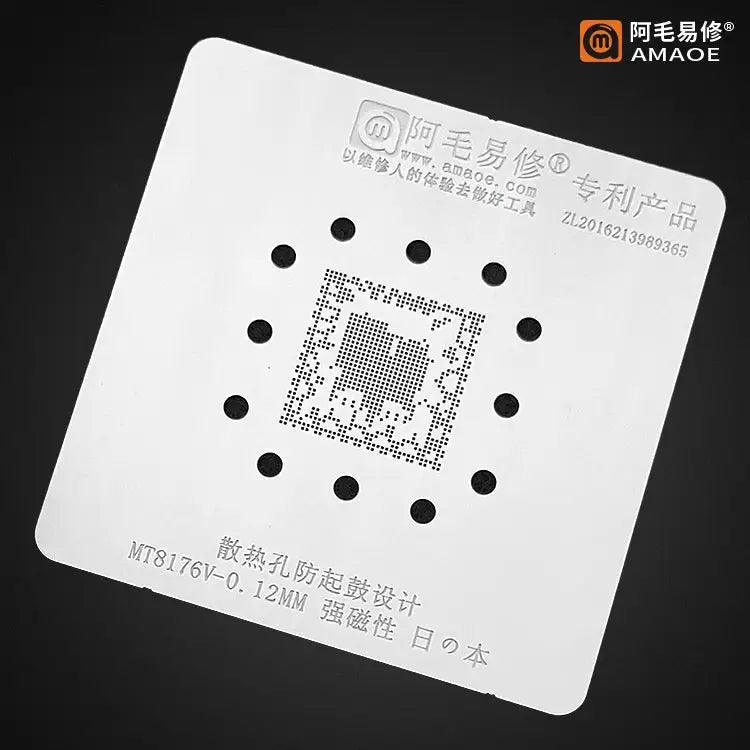 Amaoe BGA reballing stencil template for MTK CPU and RAM, used for phone repair and reballing processes.