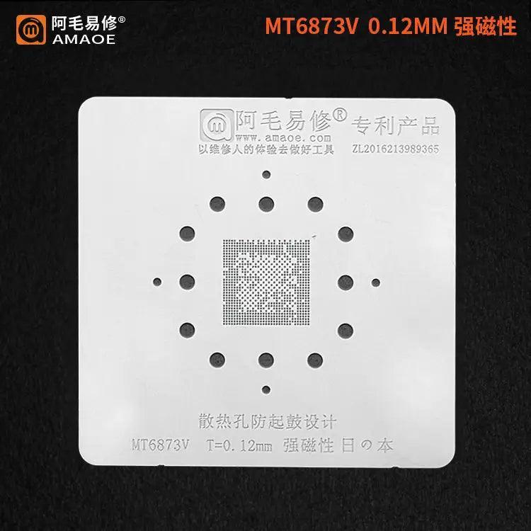 Amaoe BGA reballing stencil template for MTK CPU and RAM repair, used for precise reballing of mobile phone chips.