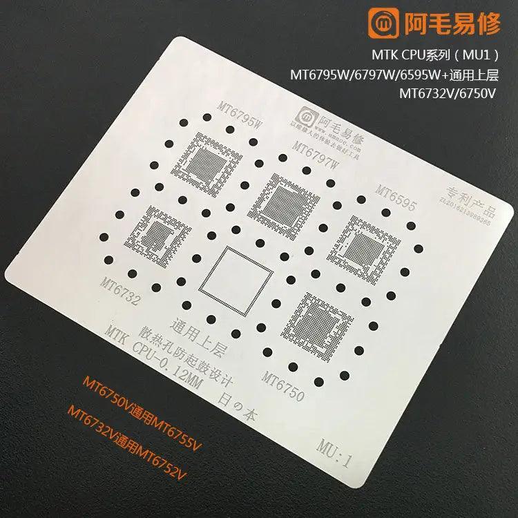 Steel mesh BGA reballing stencil for MTK CPU by PHONEFIX, featuring MU:1 to MU:5 for precise reballing repair.