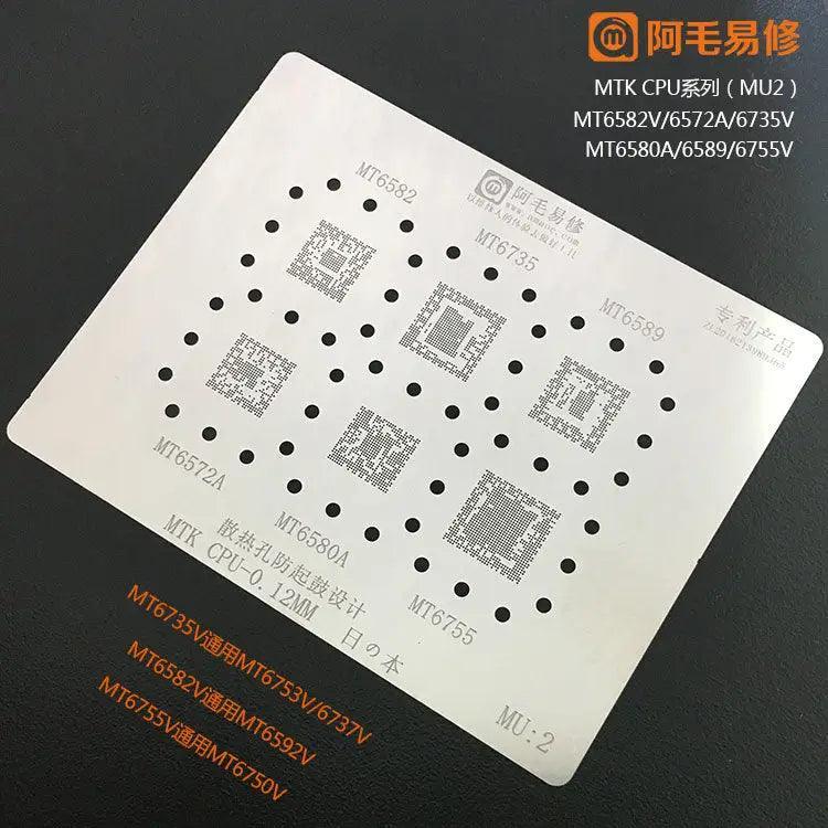 Steel mesh BGA reballing stencil for MTK CPU by PHONEFIX, featuring MU:1 to MU:5 for precise reballing repair.