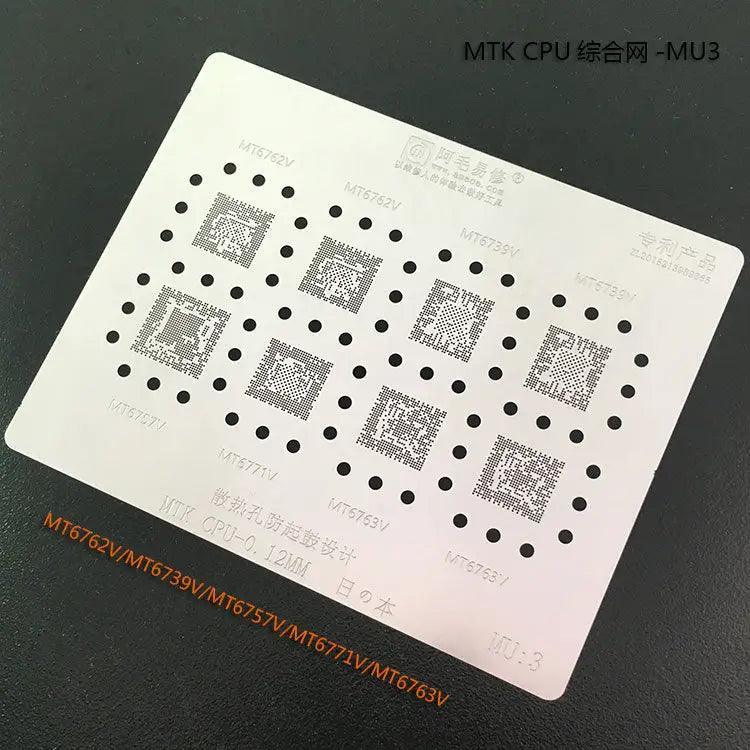 Steel mesh BGA reballing stencil for MTK CPUs by PHONEFIX, featuring MU:1 to MU:5 sizes for precise reballing.