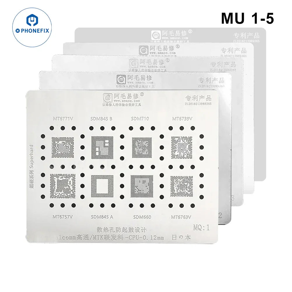 PhoneFix AMAOE BGA Reballing Stencil for MTK CPU, steel mesh MU:1-MU:5, used for precision reballing of mobile device chips.