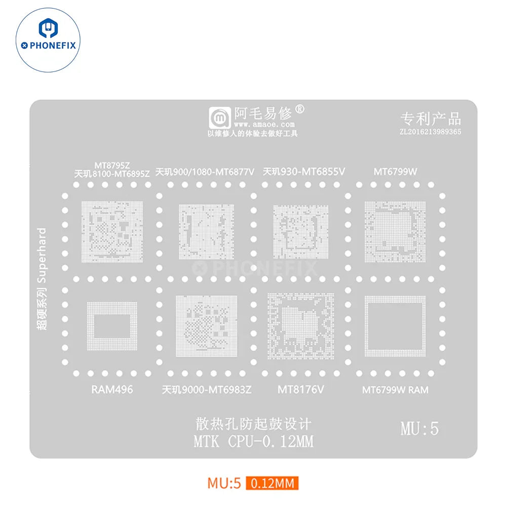 Steel mesh BGA reballing stencil for MTK CPUs by PHONEFIX, used for precise reballing of mobile device chips.