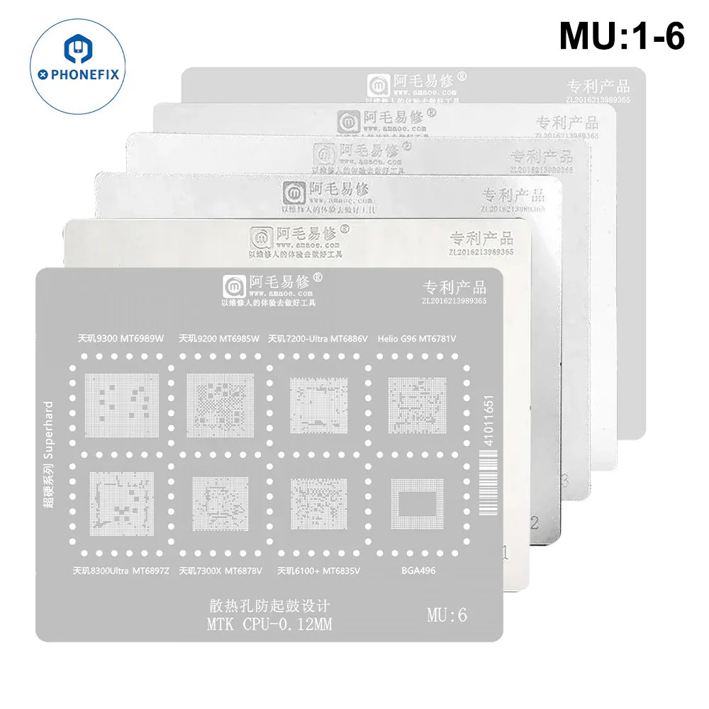 Steel mesh BGA reballing stencil for MTK CPUs by PHONEFIX, used for precise reballing of mobile device chips.