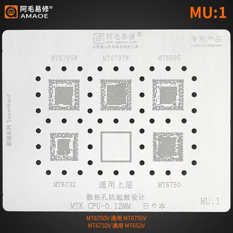 MTK Series CPU BGA Reballing Stencil by PHONEFIX for MT6582, MT6735, MT6589 chips, showing detailed stencil pattern on a black background.