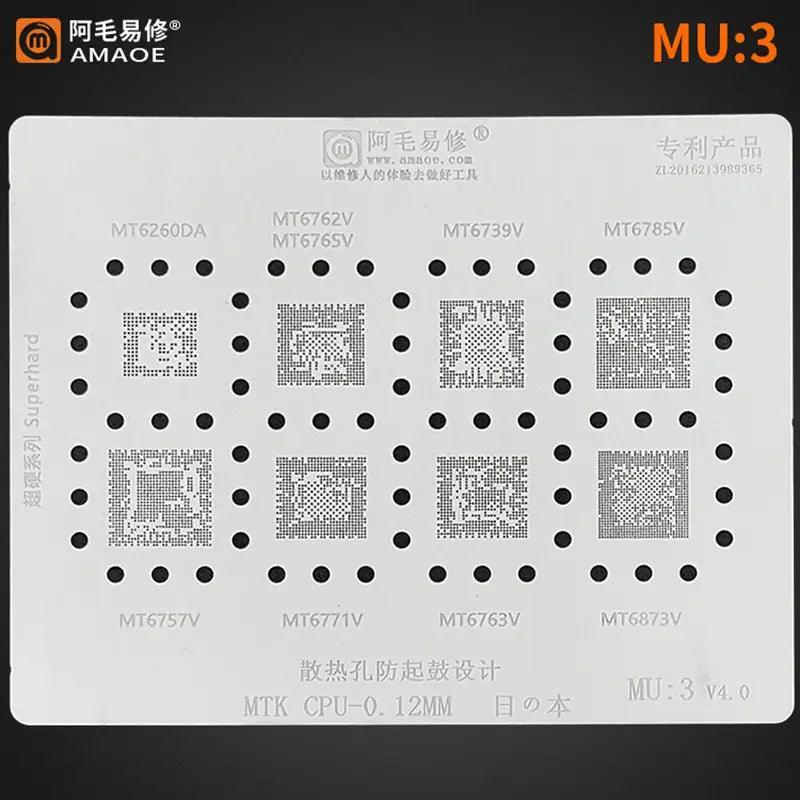 PhoneFix MTK Series BGA Reballing Stencil for MT6582, MT6735, MT6589 CPU repair, shown in the image.