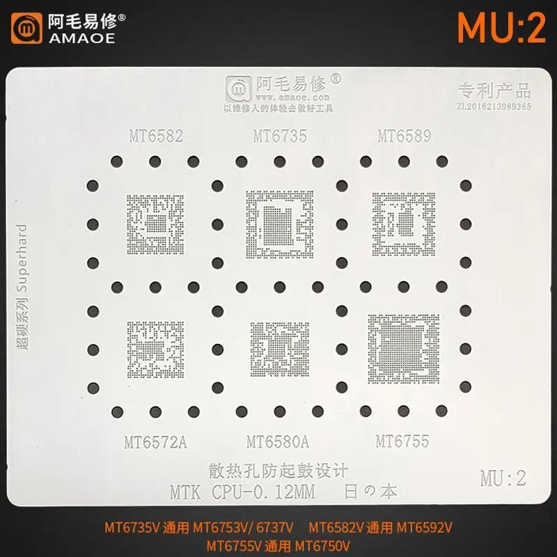 PhoneFix MTK Series CPU BGA Reballing Stencil for MT6582, MT6735, MT6589 chips, used for repair and reballing processes.