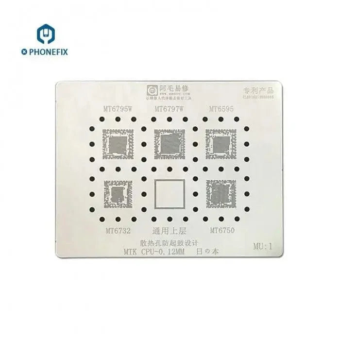 MTK Series CPU BGA Reballing Stencil by PHONEFIX showing detailed stencil for MT6582, MT6735, and MT6589 chips.