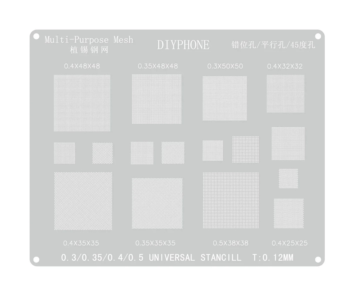 PhoneFix universal BGA reballing stencil with steel mesh for direct heating planting tin, used for precise BGA reballing and repair.