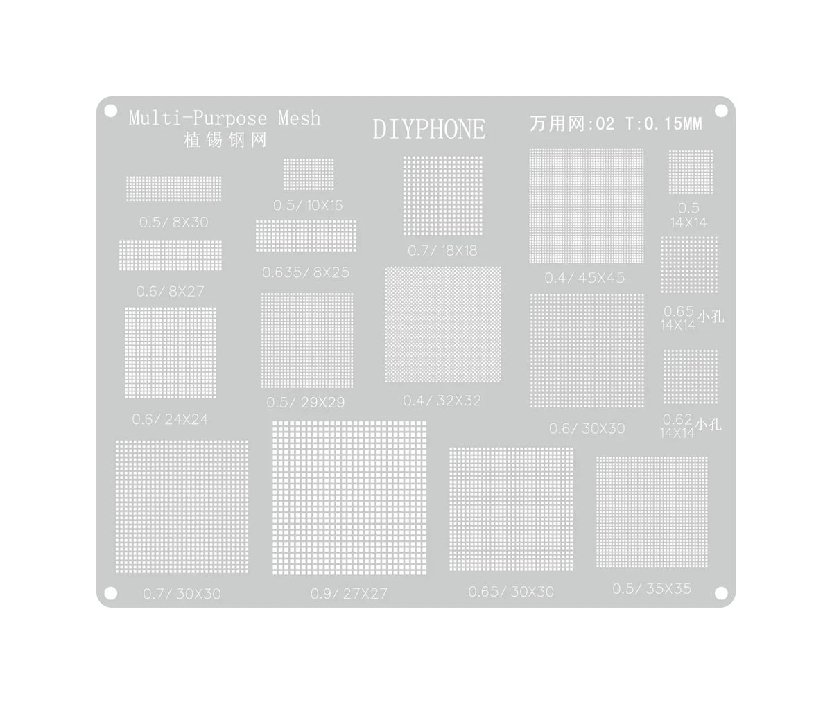 Steel mesh BGA reballing stencil by PHONEFIX for universal planting tin, used for precise BGA reballing and rework.