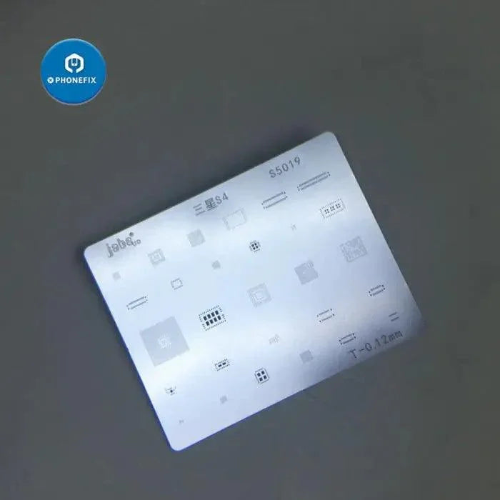Steel BGA reballing stencil kit for Samsung Note S7 and S8, used for PCB soldering and reballing repairs by PHONEFIX.