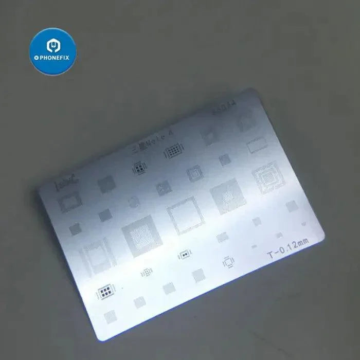 Steel BGA reballing stencil kit for Samsung Note S7 S8 by PHONEFIX, used for PCB soldering and reballing processes.