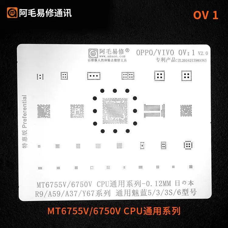 Amaoe BGA Reballing Stencil for Oppo Vivo CPU OV1-OV6, used for reballing and repair of mobile device BGA chips by PHONEFIX.