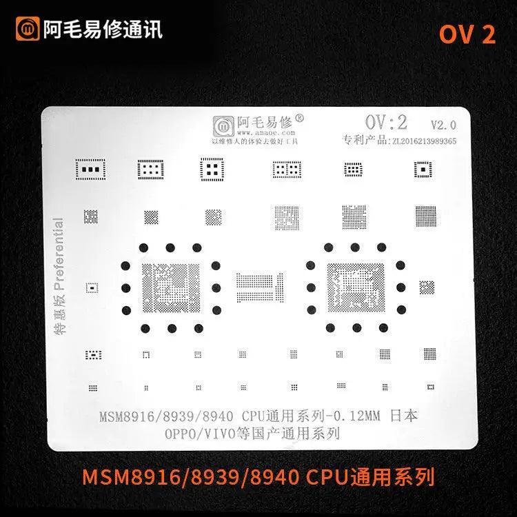 Amaoe BGA Reballing Stencil for Oppo Vivo CPU OV1-OV6 by PHONEFIX, used for precise reballing of mobile device chips.