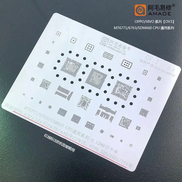 Amaoe BGA reballing stencil for Oppo Vivo CPU OV1-OV6, designed for precise reballing of phone mainboards by PHONEFIX.