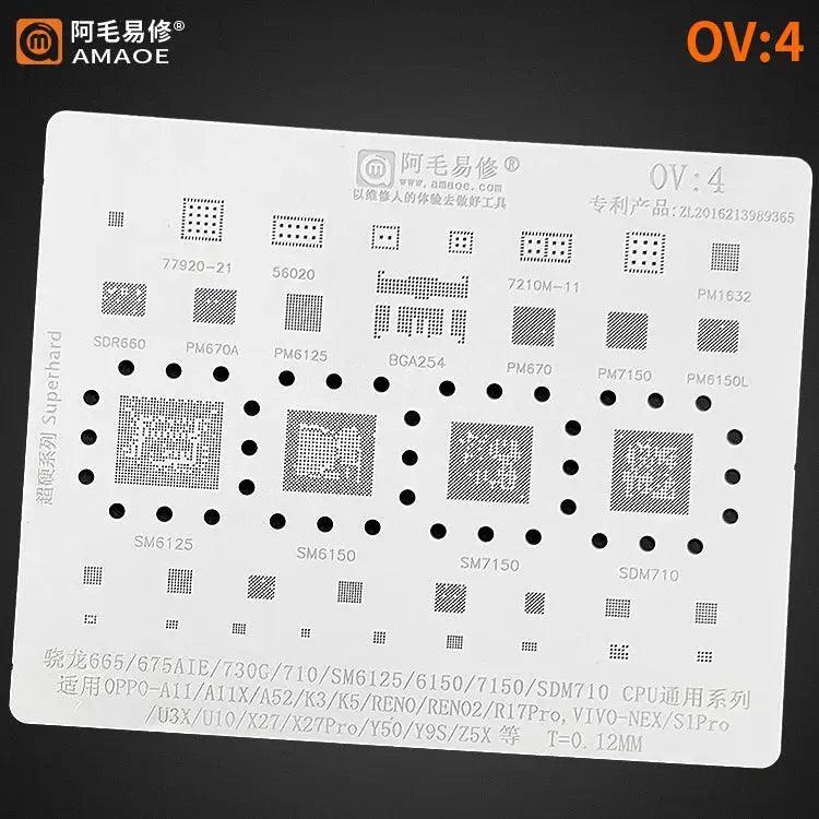 Amaoe BGA Reballing Stencil for Oppo Vivo CPU OV1-OV6, used for precise reballing and repair of smartphone BGA chips.