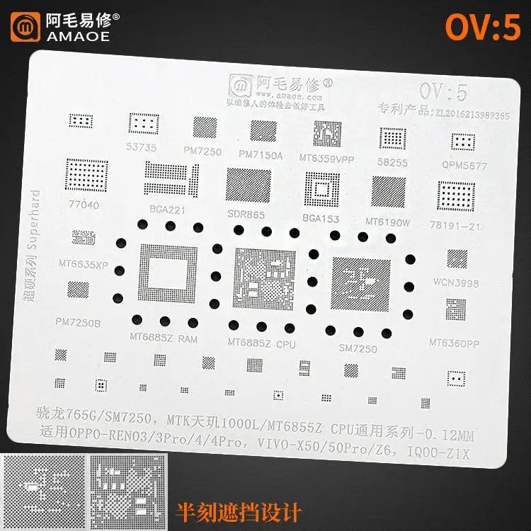 Amaoe BGA Reballing Stencil for Oppo Vivo CPU models OV1 to OV6, used for reballing and repair of smartphone circuit boards.