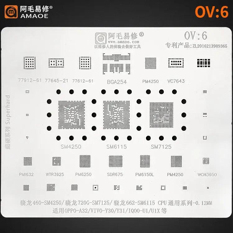Amaoe BGA reballing stencil for Oppo Vivo CPU OV1-OV6, used for precise reballing of mobile phone BGA chips.