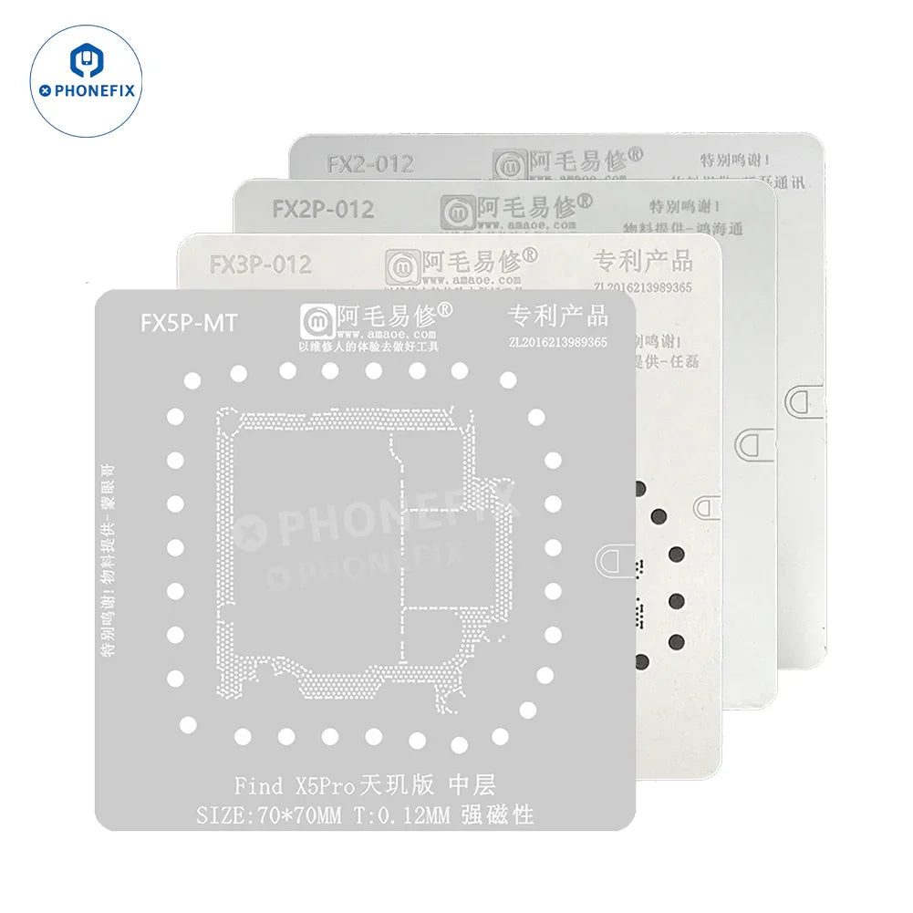 PhoneFix Amaoe middle layer BGA reballing stencil for Huawei, Xiaomi, and Android phones, shown on Oppo Find device.