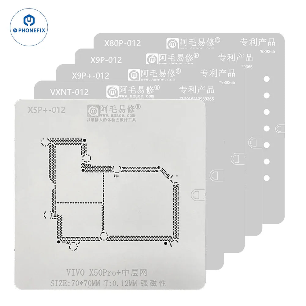 Vivo phone with Amaoe BGA reballing stencil for Huawei and Xiaomi Android phones, used for precision reballing and repair.