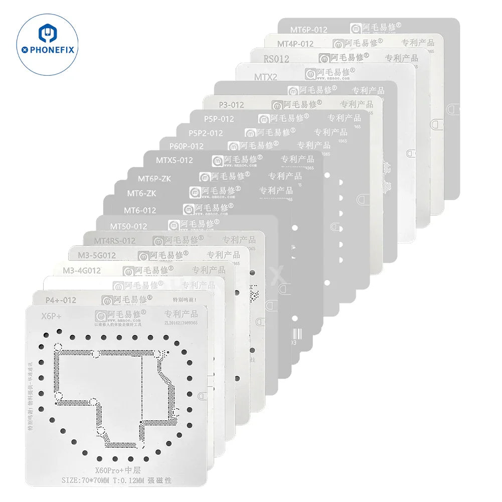 Phonefix Amaoe BGA reballing stencil for Huawei and Xiaomi Android phones, used for precise middle layer reballing repair.