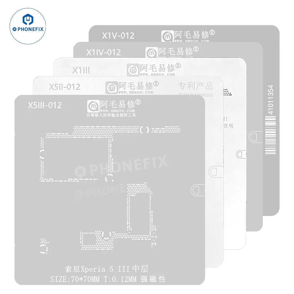 Phonefix Amaoe BGA Reballing Stencil for Huawei and Xiaomi Android phones, shown on Xperia device for reballing and repair.