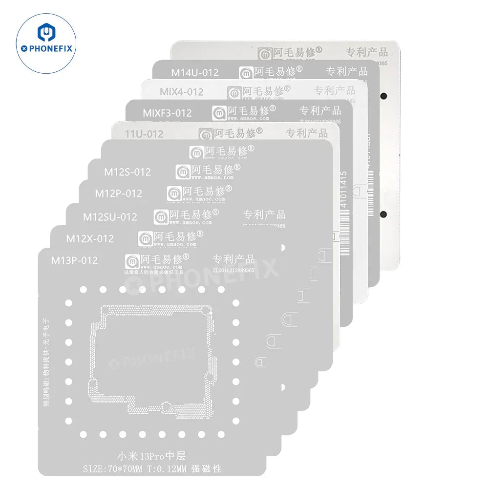 PHONEFIX Amaoe BGA Reballing Stencil for Huawei and Xiaomi Android phones, used for precise reballing repairs.