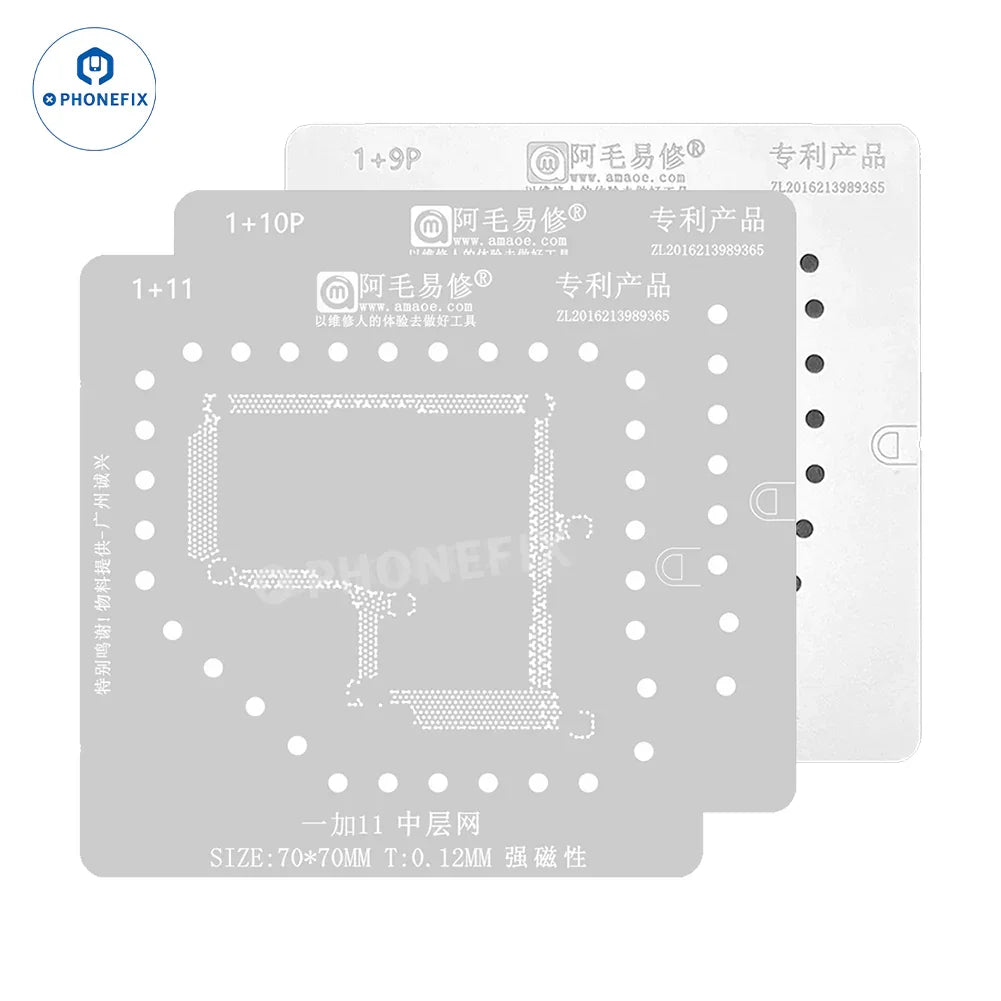 PhoneFix Amaoe BGA Reballing Stencil for Huawei and Xiaomi Android phones, used for reballing and repair of mobile circuit boards.