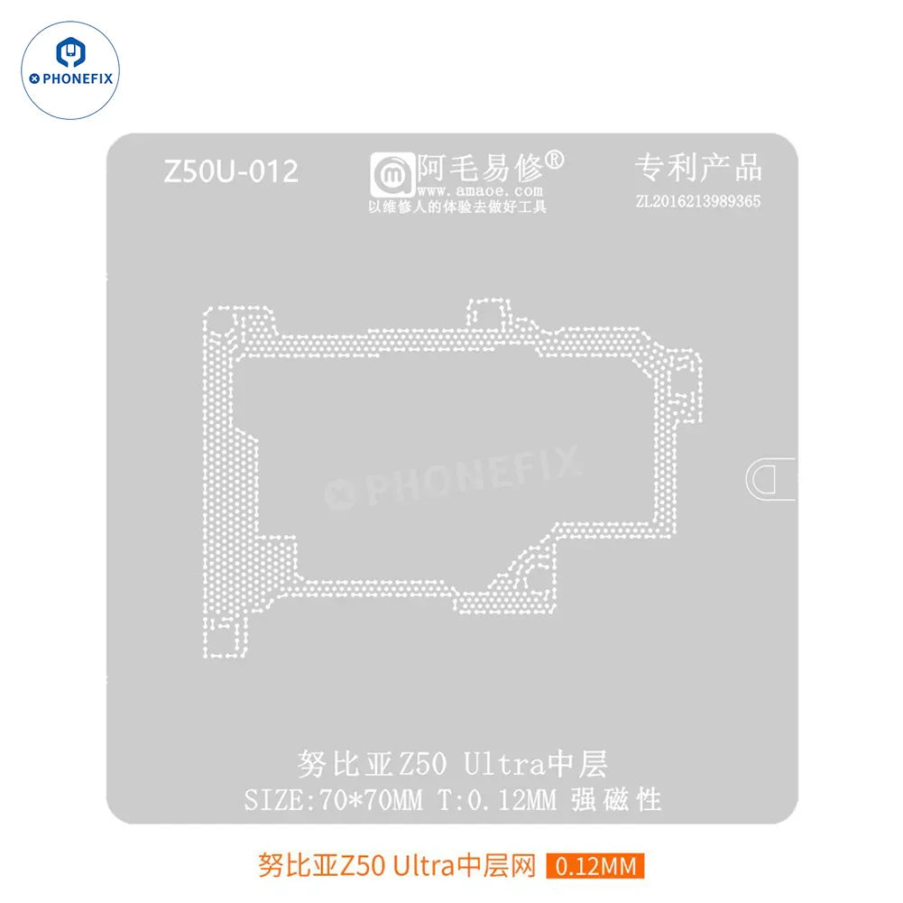 Amaoe BGA reballing stencil for Huawei, Xiaomi, and Android phones, used for phone repair and reballing processes.