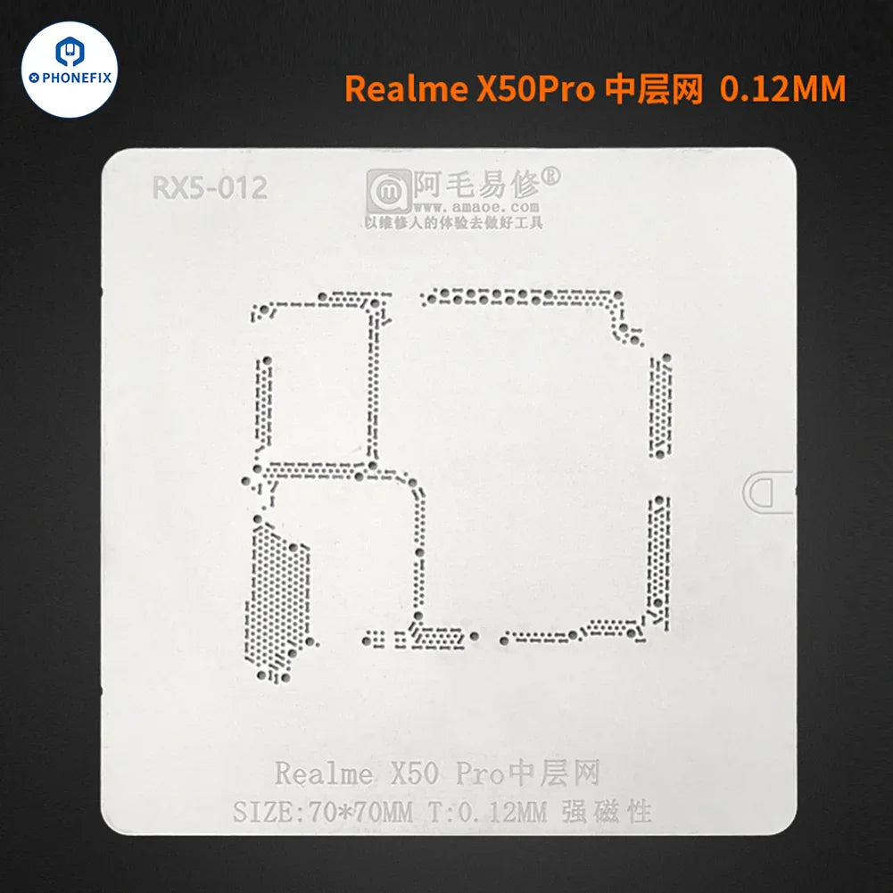 Realme X50 phone with PHONEFIX Amaoe middle layer BGA reballing stencil for Huawei and Xiaomi Android phones.
