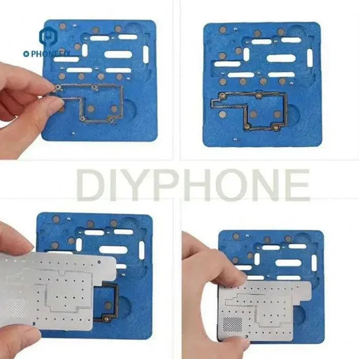 PhoneFix BGA reballing fixture middle layer frame for iPhone X PCB holder and BGA stencil for precise reballing.
