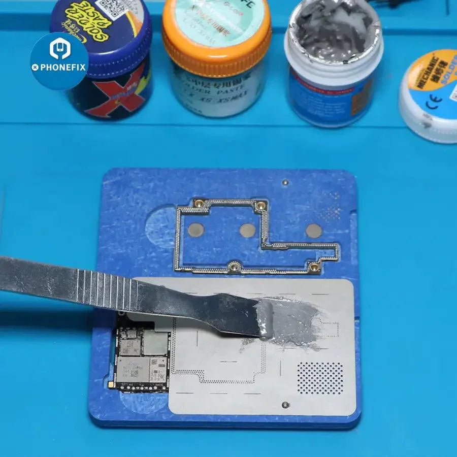 PHONEFIX BGA Reballing Fixture Middle Layer Frame for iPhone X PCB holder and stencil for precise BGA reballing.