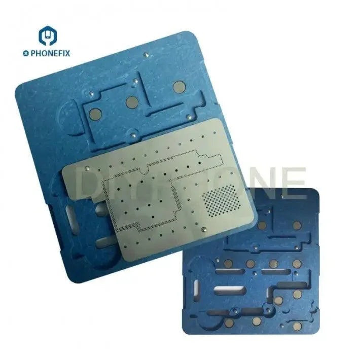 PhoneFix BGA reballing fixture middle layer frame for iPhone X, used for precise BGA reballing and PCB repair.