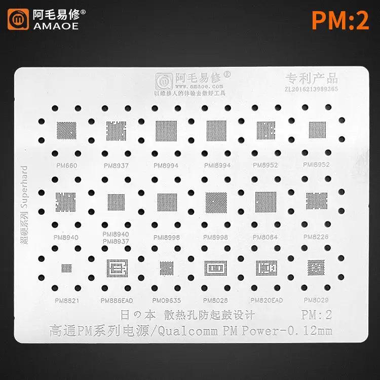 Amaoe PM1 PM2 PM3 BGA stencil for Qualcomm power IC, used in mobile phone reballing and repair by PHONEFIX