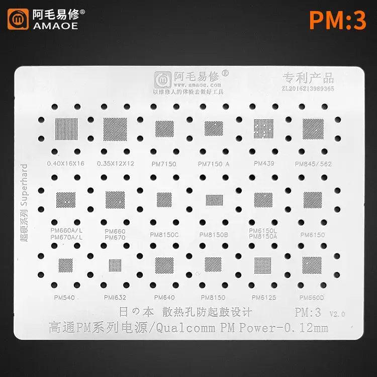 Amaoe BGA reballing stencil for Qualcomm power IC, compatible with PM1, PM2, PM3 models, used for phone repair by PHONEFIX.