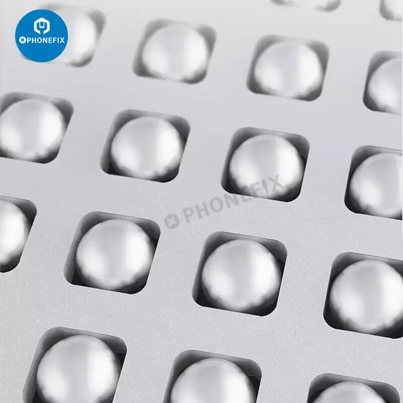 Qianli MAC BGA reballing stencil for MacBook chip soldering repair, PHONEFIX brand, showing the stencil with precise holes for reballing.