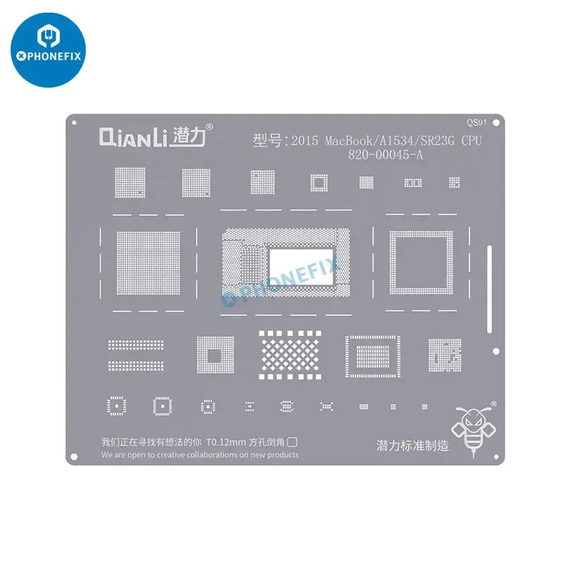 Qianli PHONEFIX BGA reballing stencil for MacBook chips, used for soldering repair on MacBook logic boards.