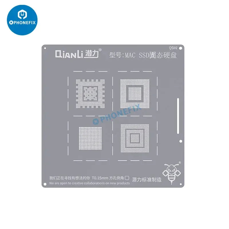Qianli MAC BGA reballing stencil for MacBook chip soldering repair, PhoneFix brand, with detailed metal design for precise reballing.