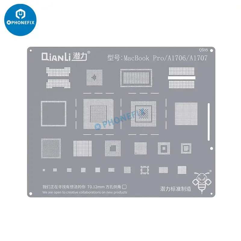 Qianli PHONEFIX MacBook BGA reballing stencil used for chip soldering repair on MacBook laptops, showing precision openings and metal frame.