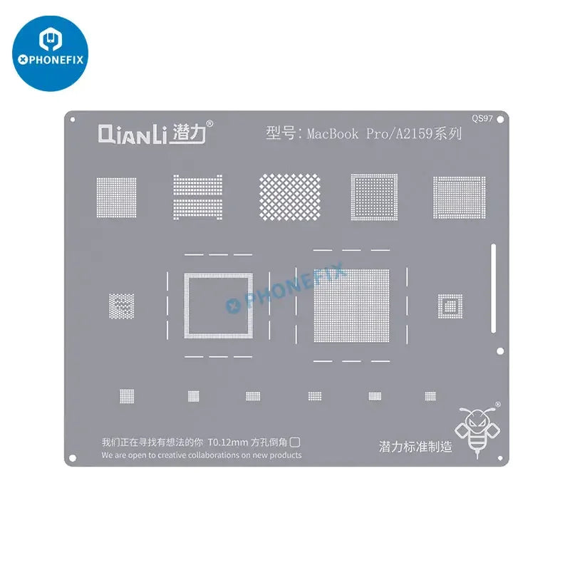 Qianli MAC BGA Reballing Stencil for MacBook chip soldering repair, showing precision metal stencil and packaging for repair work.