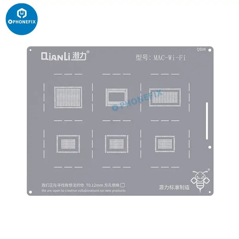 Qianli PHONEFIX BGA reballing stencil for MacBook chip soldering repair, used for precise BGA rework on MacBook logic boards