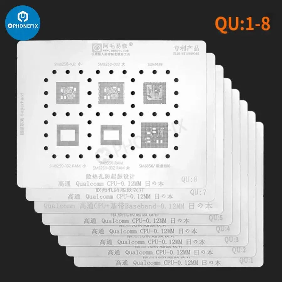 Amaoe BGA reballing stencil for Qualcomm CPU QU1-QU8, 0.12mm, designed for precise reworking of mobile device CPUs.